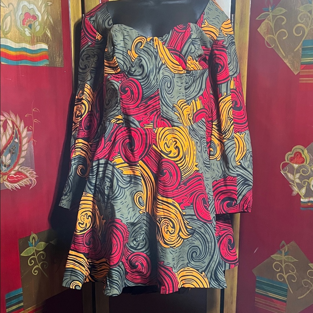 Grass Fields Swirl Print Fit-and-Flare Dress in Red, Yellow & Gray